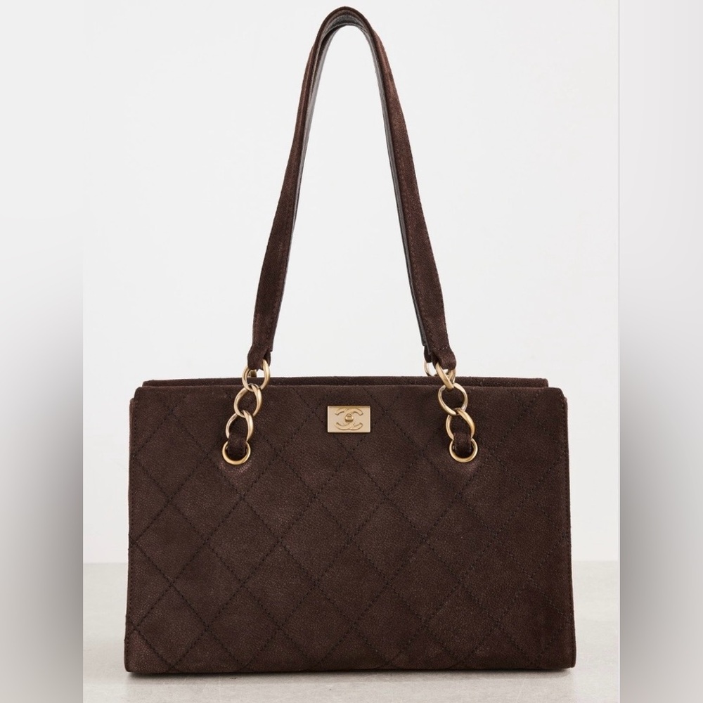 RARE~Chanel Suede Calfskin Antique Gold Metal Brown Shoulder Bag